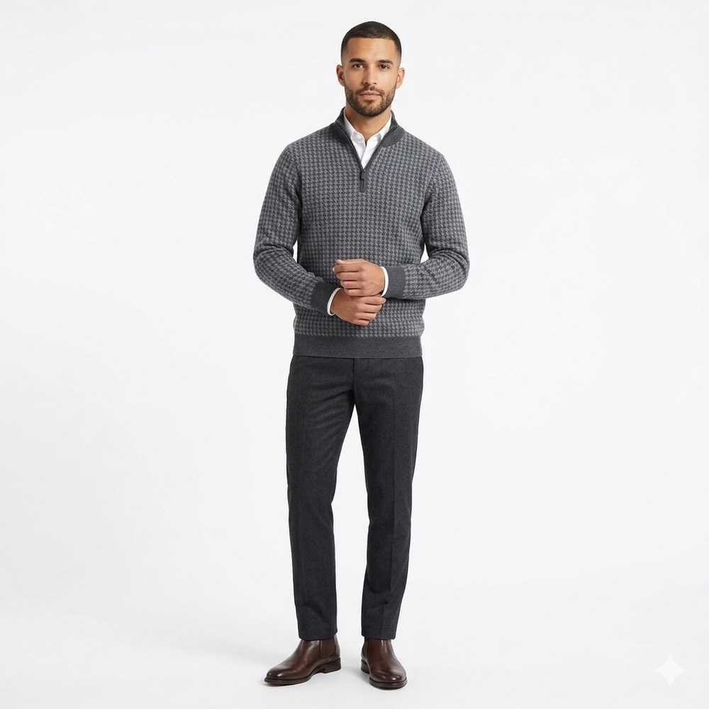 Jos. A. Bank Charcoal Houndstooth Zip-Up Sweater L excellent condition.